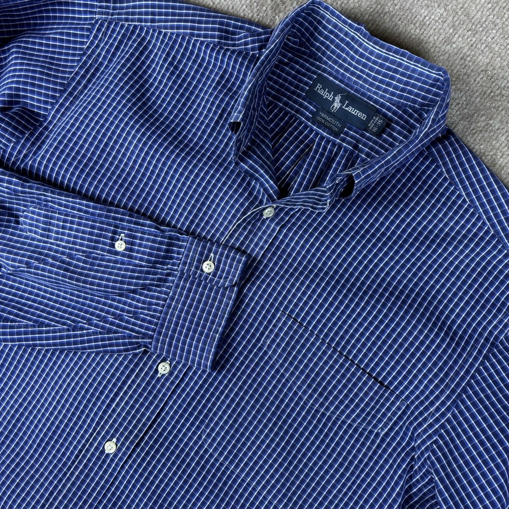 Ralph Lauren Yarmouth Blue Check Button Down Shirt Men's 16-35 Large Cotton
